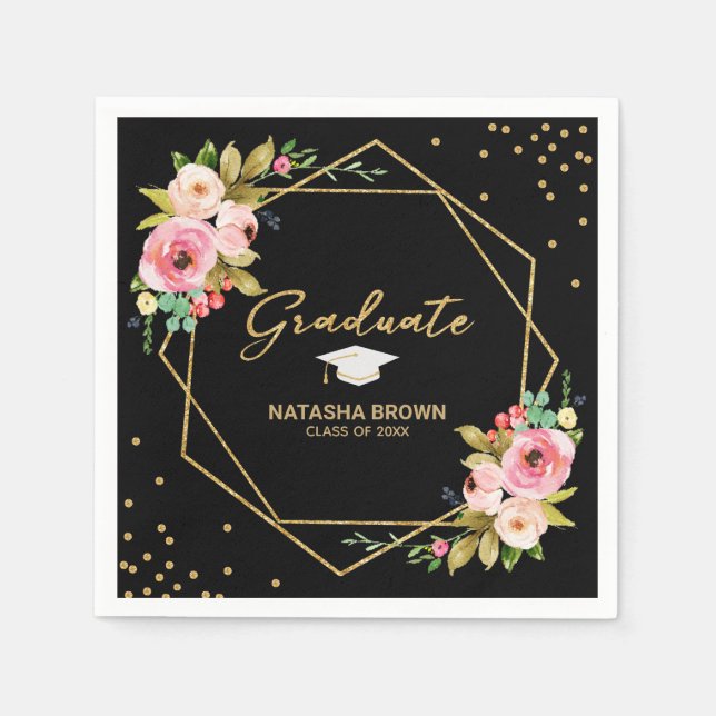 Geometric Hand Lettering Gold Glitter Graduation Napkins (Front)