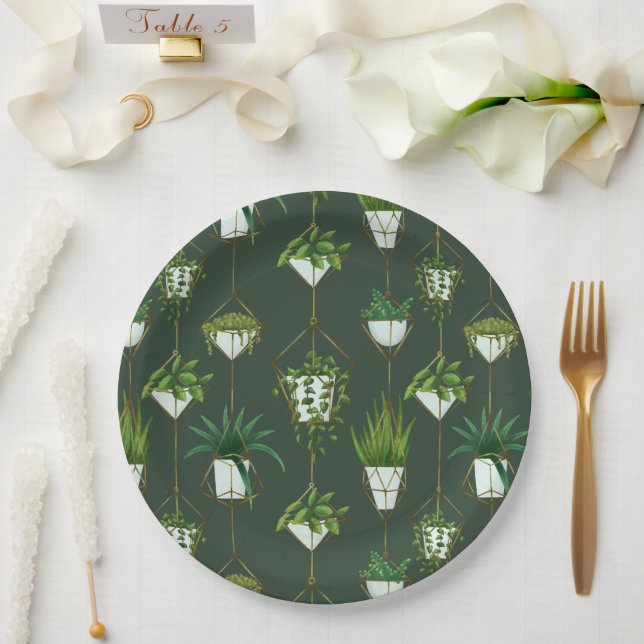 Geometric Hanging Houseplant Pattern Paper Plates (Wedding)