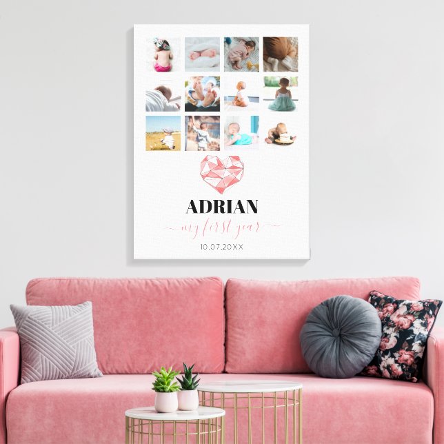 Geometric Heart Baby's First Year Photo Collage Canvas Print (Insitu(LivingRoom))