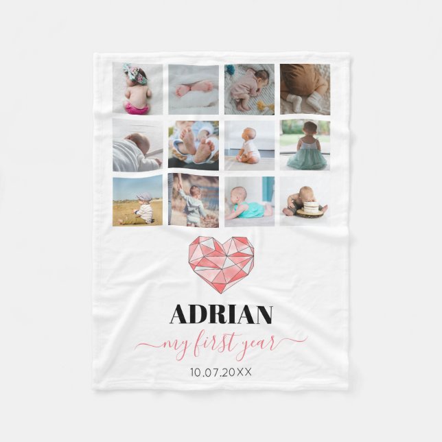 Geometric Heart Baby's First Year Photo Collage Fleece Blanket (Front)