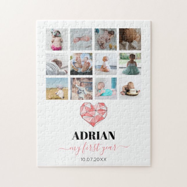 Geometric Heart Baby's First Year Photo Collage Jigsaw Puzzle (Vertical)