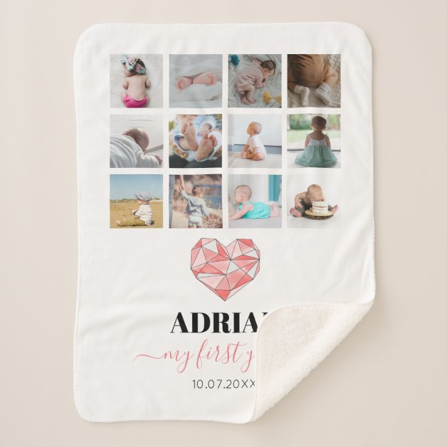 Geometric Heart Baby's First Year Photo Collage  Sherpa Blanket (Front)