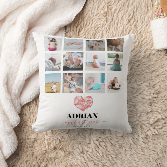 Geometric Heart Baby's First Year Photo Collage Throw Pillow (Blanket)