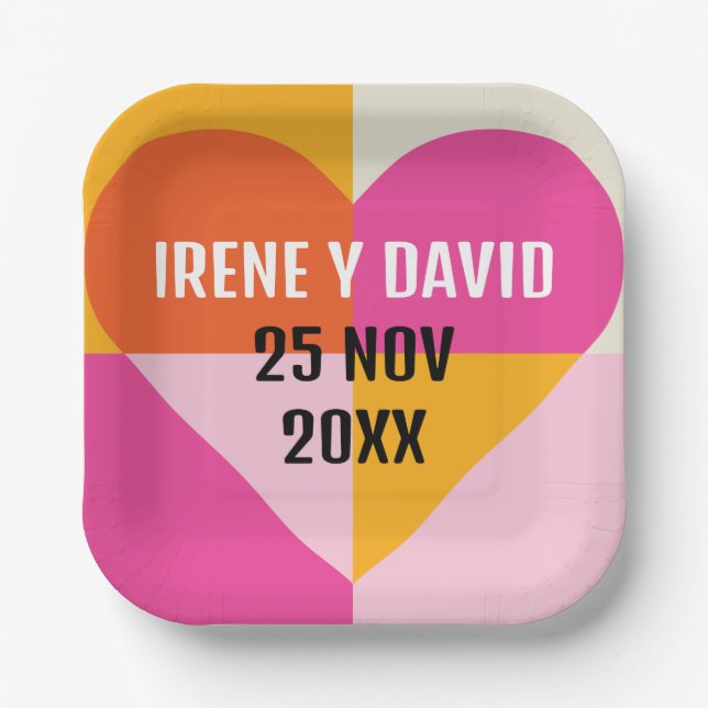Geometric Heart Orange and Pink Grid Paper Plates (Front)