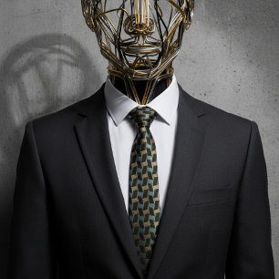 Geometric Herringbone Black Green Gold Pattern Neck Tie