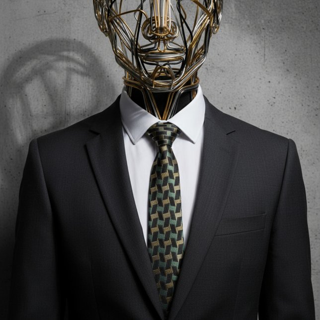 Geometric Herringbone Black Green Gold Pattern Neck Tie (Creator Uploaded)