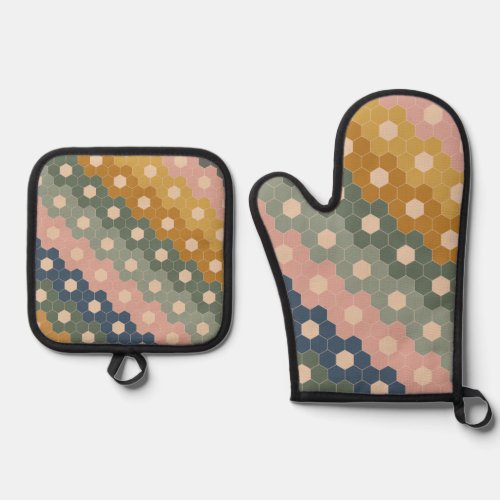 Geometric Hexagon Floral Shapes Earthy Green Pink Oven Mitt  Pot Holder Set