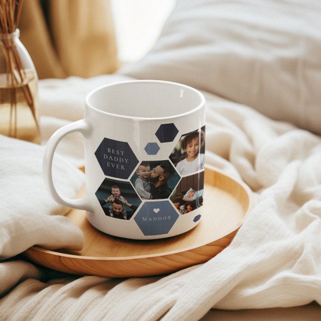 Geometric Hexagon | Modern 4 Photo Father's Day Coffee Mug (Creator Uploaded)