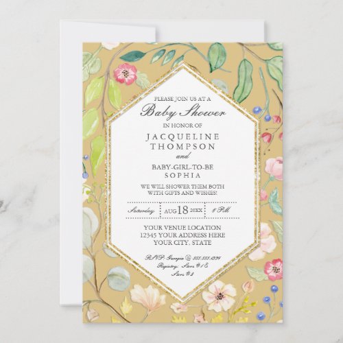 Geometric Hexagon Pale Gold Pink Watercolor Floral Invitation