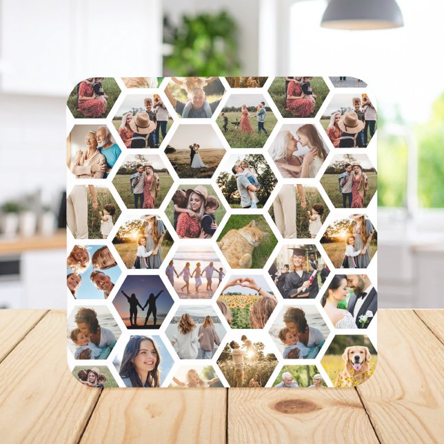 Geometric Hexagon Pattern Photo Collage Beverage Coaster (Creator Uploaded)