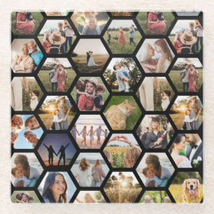 Geometric Hexagon Pattern Photo Collage Glass Coaster