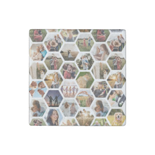 Geometric Hexagon Pattern Photo Collage Stone Magnet