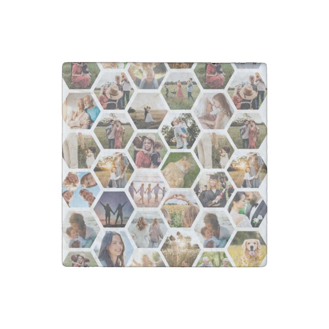 Geometric Hexagon Pattern Photo Collage Stone Magnet (Front)