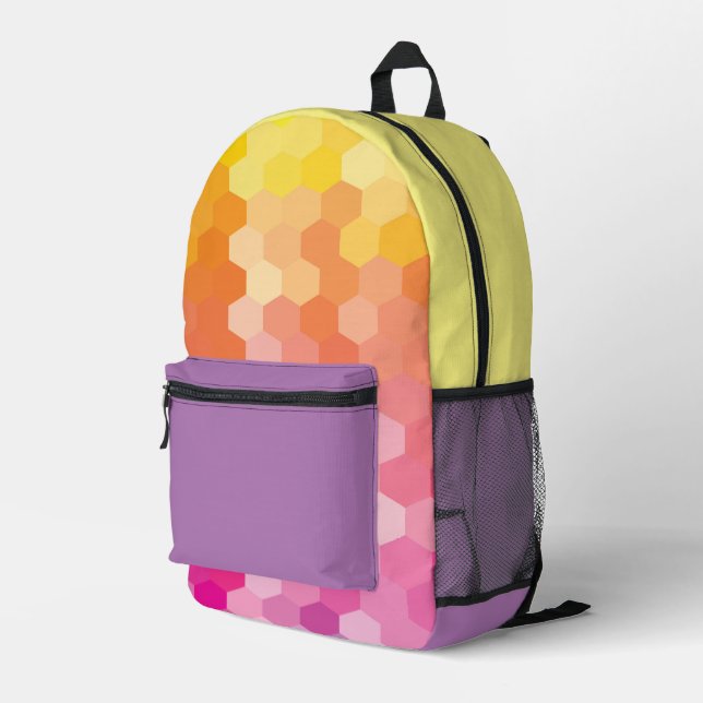 Geometric Hexagon Shapes Pink & Yellow Printed  Backpack (Back Corner Right)