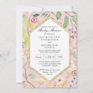 Geometric Hexagon w Pale Pastel Watercolor Floral Invitation