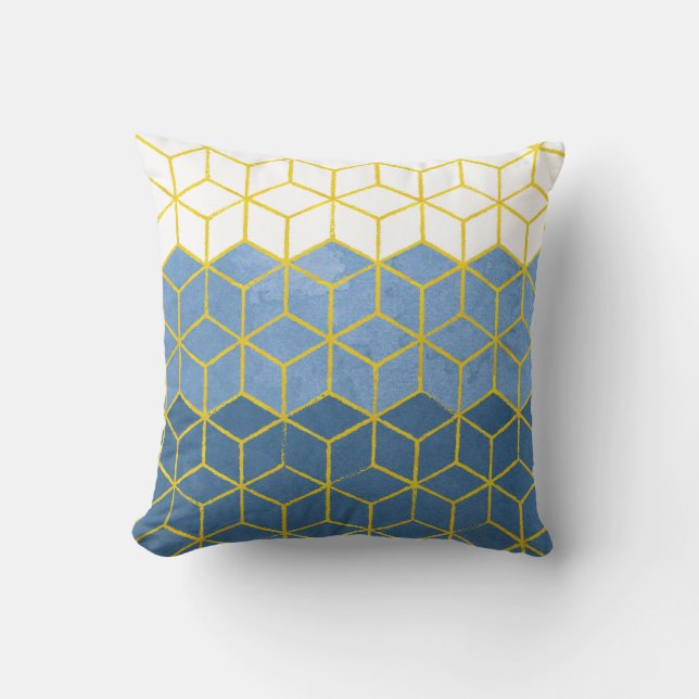 Geometric Hexagons Blue and Gold Throw Pillow (Front)