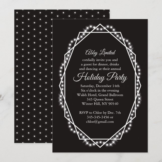 Geometric Holiday Sparkle Corporate Party Black Invitation (Front/Back)