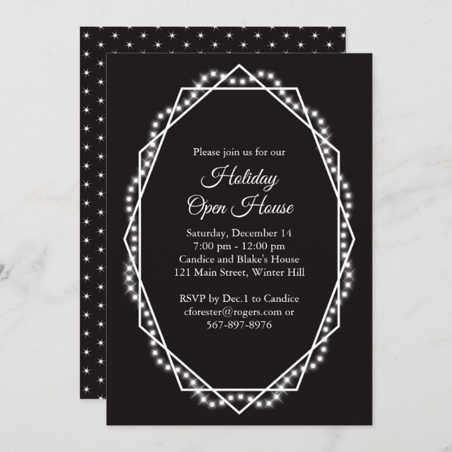 Geometric Holiday Sparkle Open House Black Invitation (Front/Back)