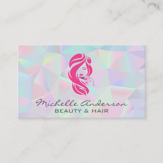 Geometric Holographic Background | Beauty Logo Business Card (Front)