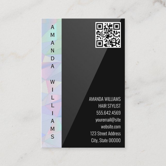 Geometric Holographic | Black Sleek | QR Code  Business Card (Front)