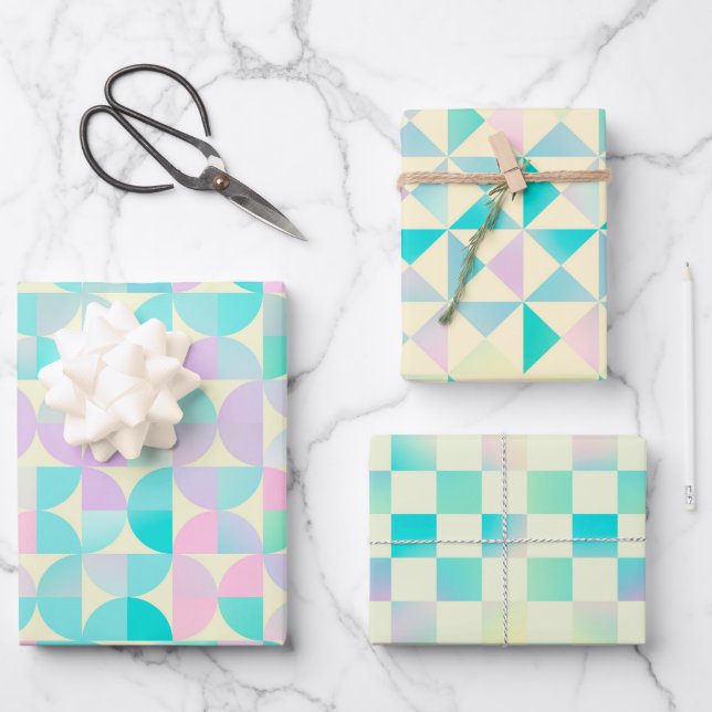 Geometric Holographic Iridescent Pastel Pattern Wrapping Paper Sheets (Front)