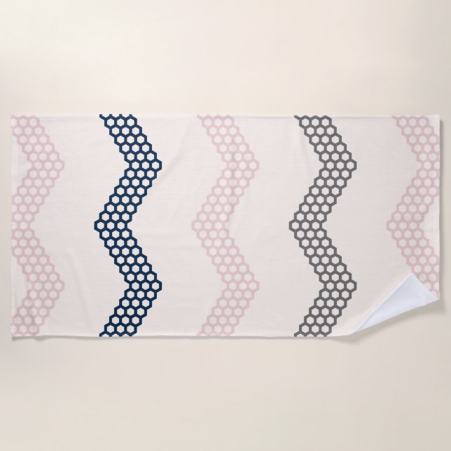 Geometric Honeycomb Chevron Pattern Navy Pink Gray Beach Towel (Front)