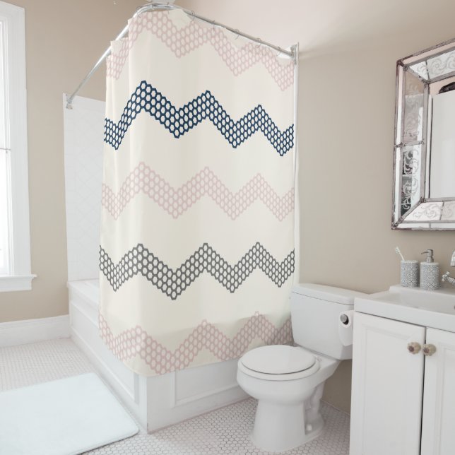 Geometric Honeycomb Chevron Pattern Navy Pink Gray Shower Curtain (In Situ)