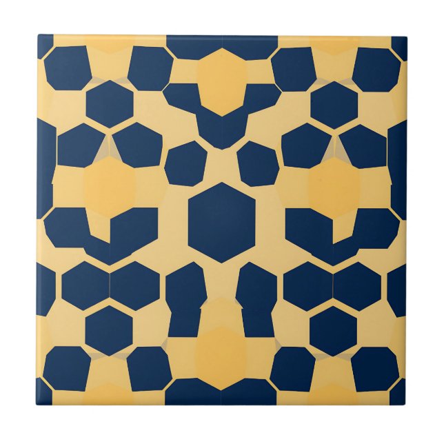 Geometric Honeycomb Hexagon Pattern Navy Blue Gold Ceramic Tile (Front)