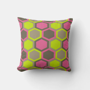 Geometric Honeycomb Pink Green Brown Pattern Throw Pillow