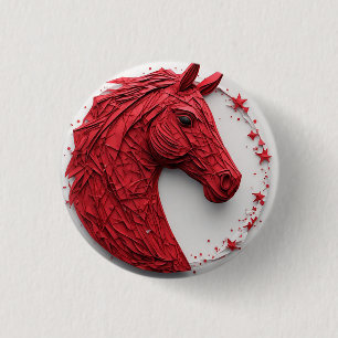 Geometric Horse Portrait in Vibrant Red and White Button