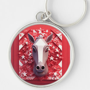Geometric Horse Portrait in Vibrant Red and White Keychain