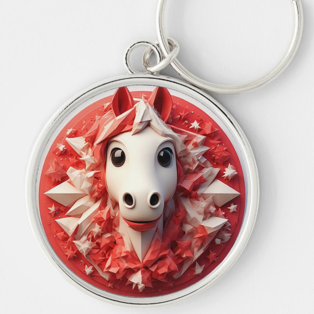 Geometric Horse Portrait in Vibrant Red and White Keychain (Front)