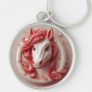 Geometric Horse Portrait in Vibrant Red and White Keychain