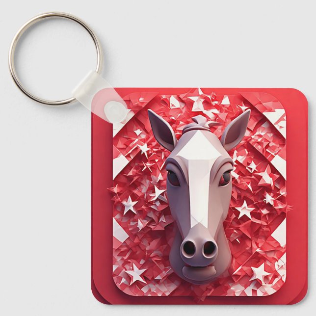 Geometric Horse Portrait in Vibrant Red and White Keychain (Front)