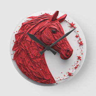 Geometric Horse Portrait in Vibrant Red and White Round Clock