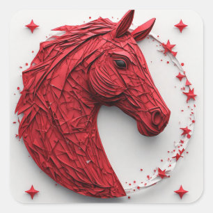 Geometric Horse Portrait in Vibrant Red and White Square Sticker