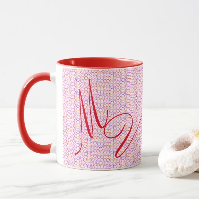 Geometric Hot Colors Monogrammed Mug (With Donut)