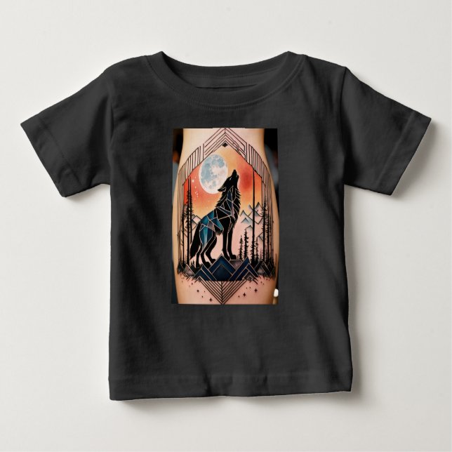 Geometric Howling Wolf Tattoo with Night Landscape Baby T-Shirt (Front)