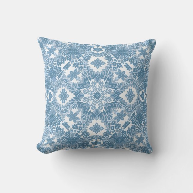 Geometric Icy Blue Snowflake Throw Pillow (Front)