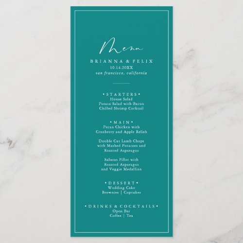 Geometric Idyllic Stylish Calligraphy Teal Dinner Menu