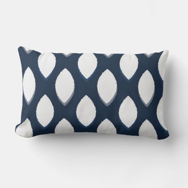Geometric Ikat Ogee Pattern Navy White Lumbar Pillow (Front)