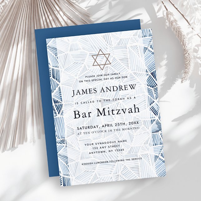 Geometric Indigo Pattern Watercolor Bar Mitzvah Invitation (Creator Uploaded)