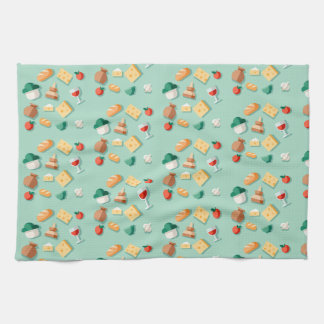 Geometric ingredients and a wine glass on mint kitchen towel