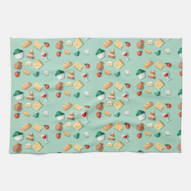 Geometric ingredients and a wine glass on mint kitchen towel (Horizontal)