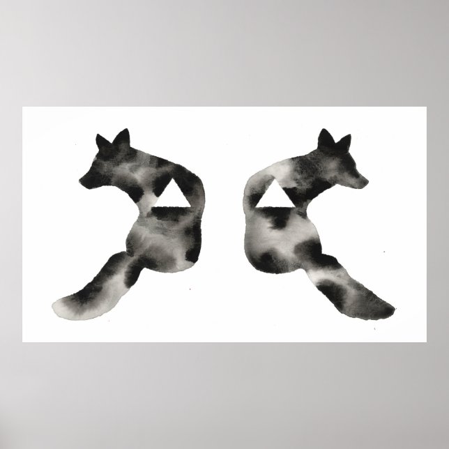 Geometric Inkblot Fox Triangle Black White Modern Poster (Front)