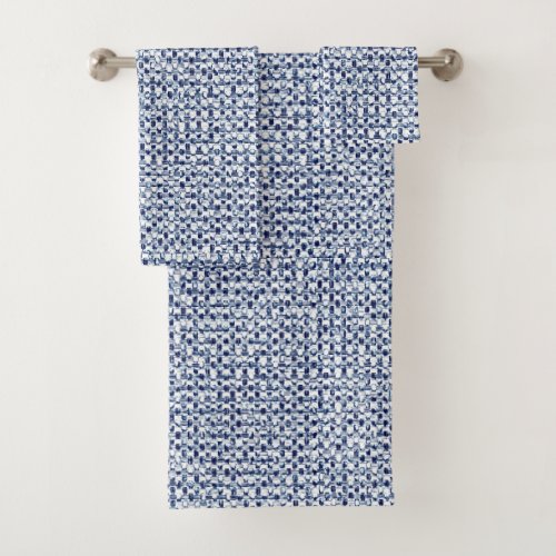 Geometric Itajime Shibori Blue Check Textile Look Bath Towel Set