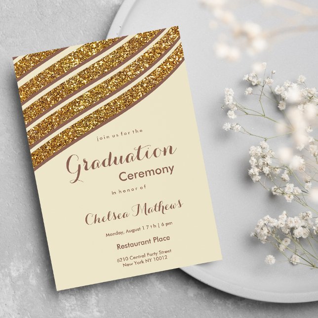 Geometric ivory brown gold glitter Graduation  Invitation (Geometric ivory brown gold glitter Graduation)