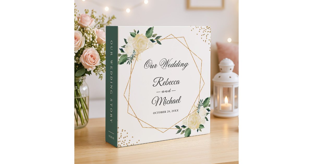 Geometric Ivory White Floral Gold Wedding Albums 3 Ring Binder | Zazzle