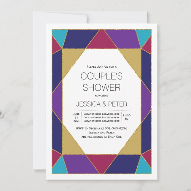 Geometric jewel blue purple wedding couples shower invitation (Front)