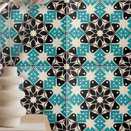 Geometric Kaleidoscopic Teal Blue White Mosaic Ceramic Tile